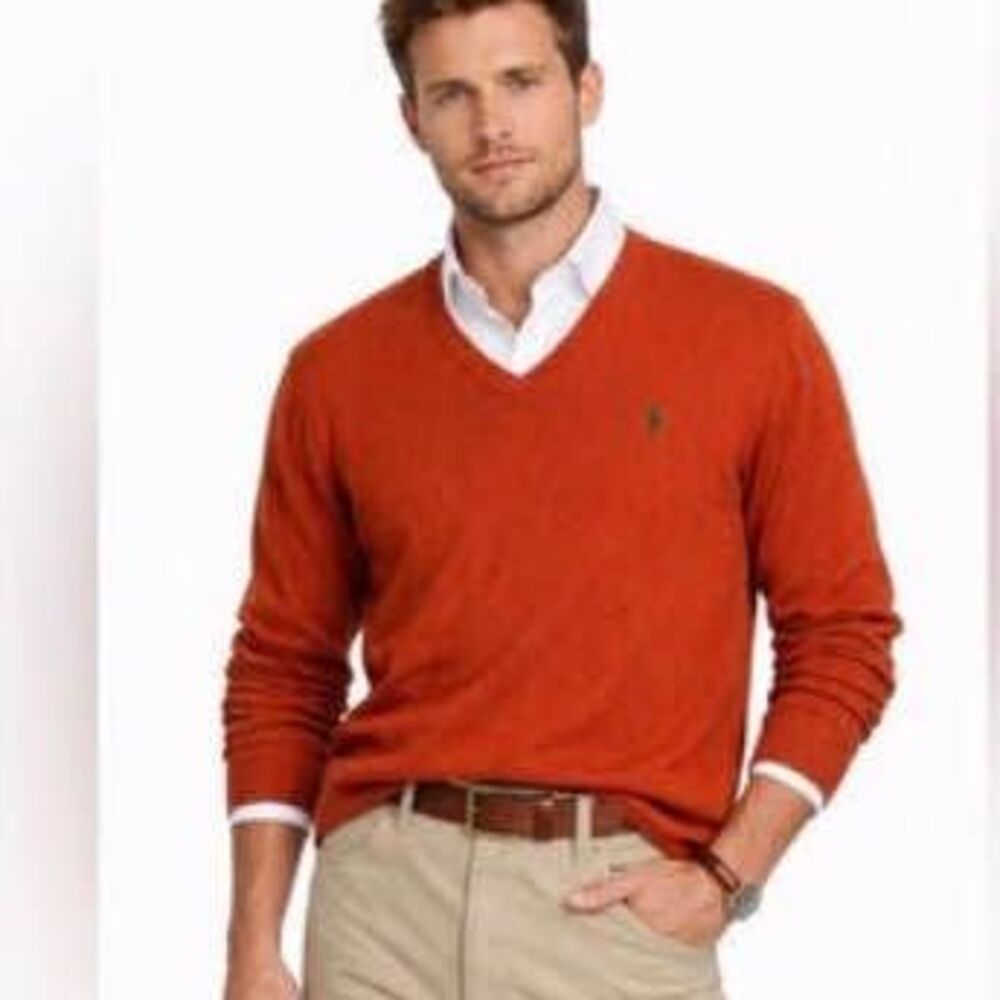 Polo Ralph Lauren Merino wool sheep wool dark orange pullover v neck sweater
